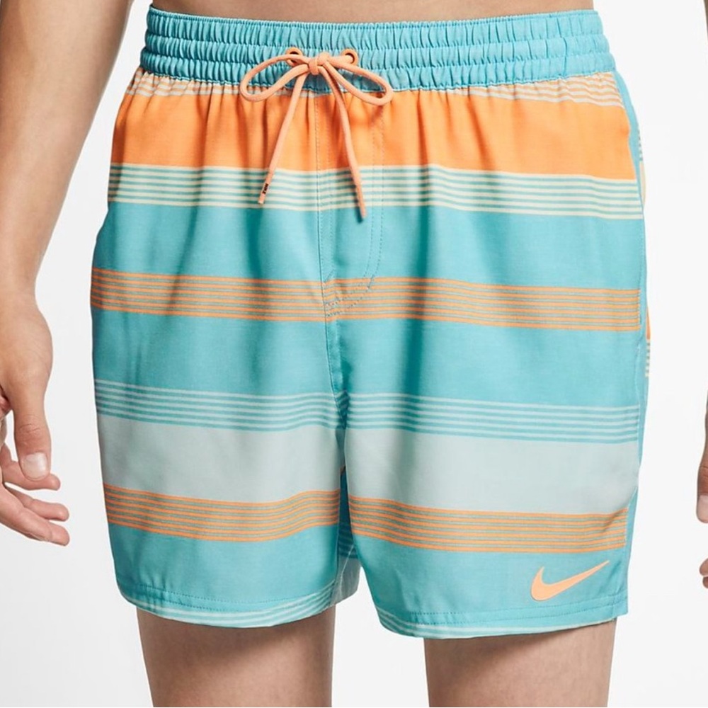 Nike Men's Aqua and Orange Striped Swim Trunks